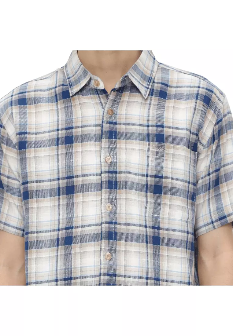 POLICE Kemeja Kotak Cotton Twill Slub Cream Biru Regular Fit Pria