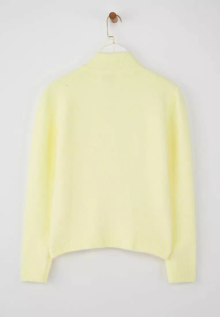 Wardrobe Essentials Yellow Wool Zippered Stand Collar Daisy Knit Cardigan | Twoaw26Hi00090
