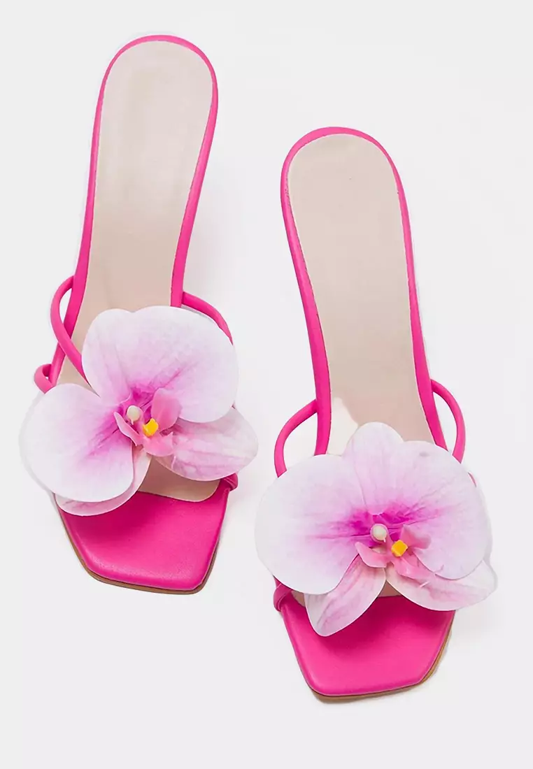 Fuchsia Flower Detail Square Toe Women Thin Heels Slippers Takss25To00106