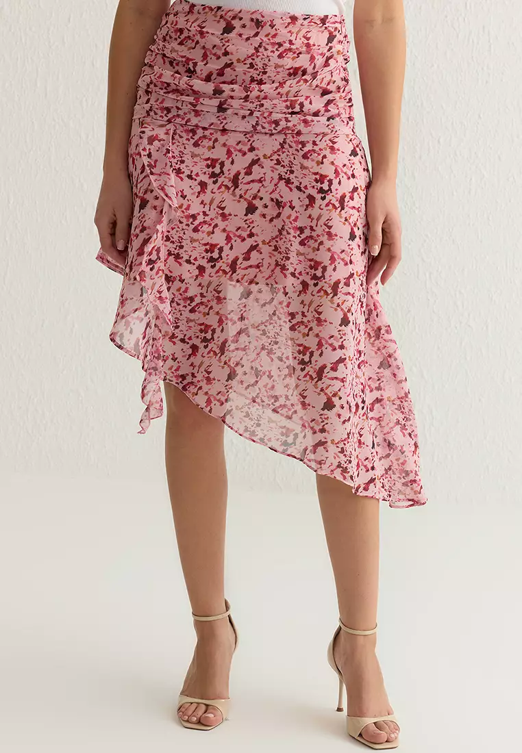 Jual Trendyol Pink Asymmetrical Midi Length Chiffon Floral Woven