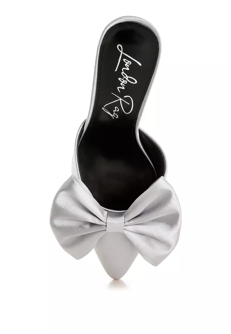 Bow Detail Stiletto Mules In Silver