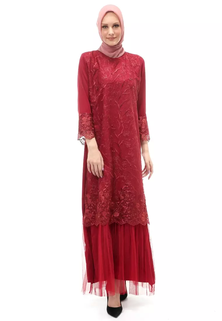 Diana Gamis Brukat Wanita Muslimah Lapis Moscrepe Premium Quality - Maroon