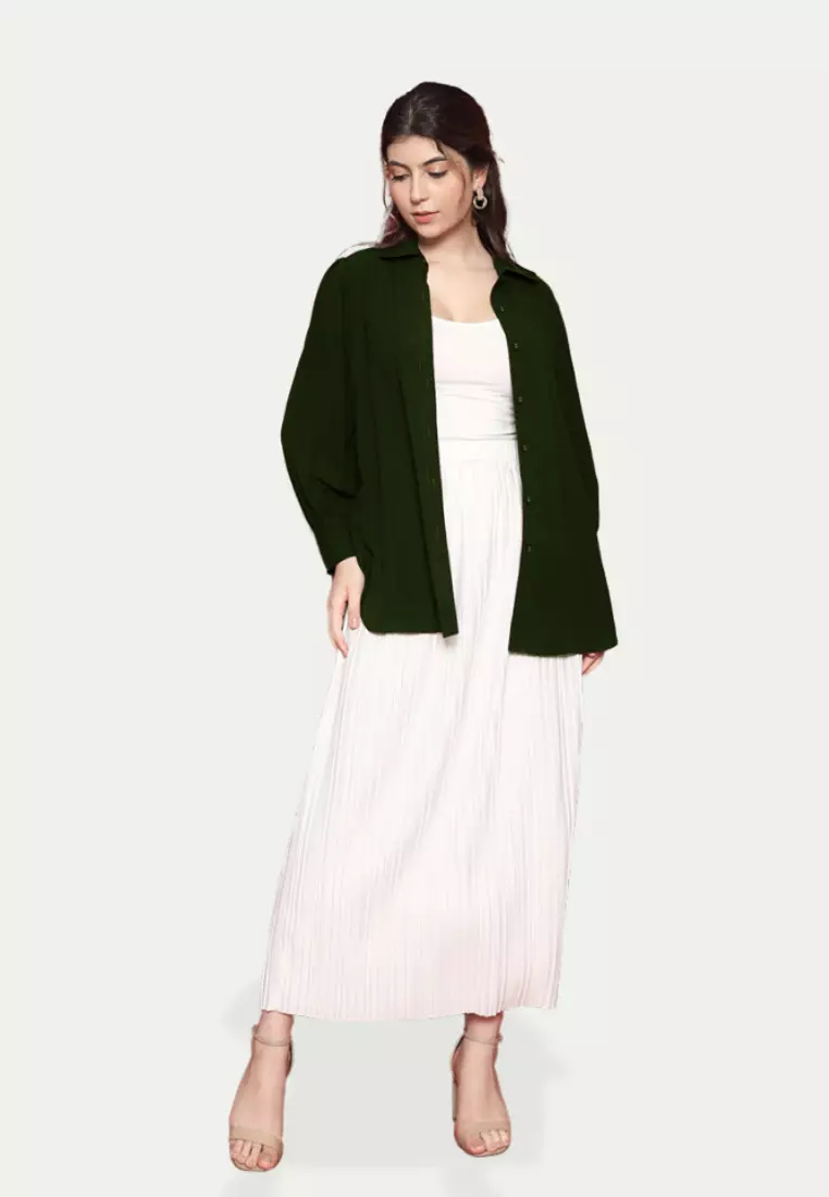 Plain Shirt With Long Sleeve In Dark Green By Brilliant Girl Warna HIJAU