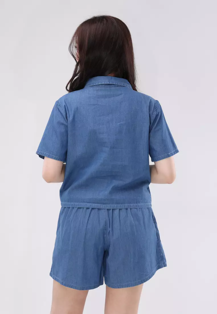 Chambray Short Sleeves Blouse/Skort Terno