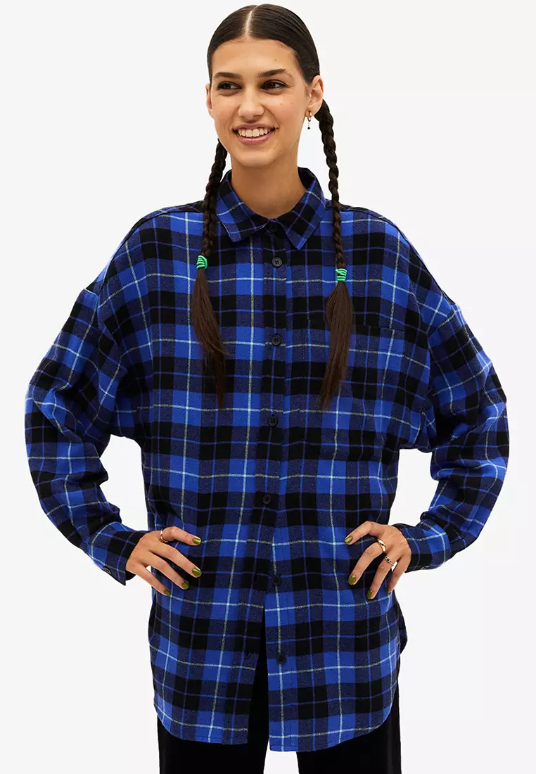 Monki oversized flannel shirt in blue check