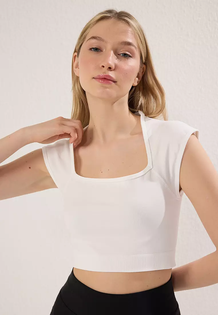 Ecru Seamless Square Neck Crop Knitted Sports Top/Blouse THMSS25BZ00000