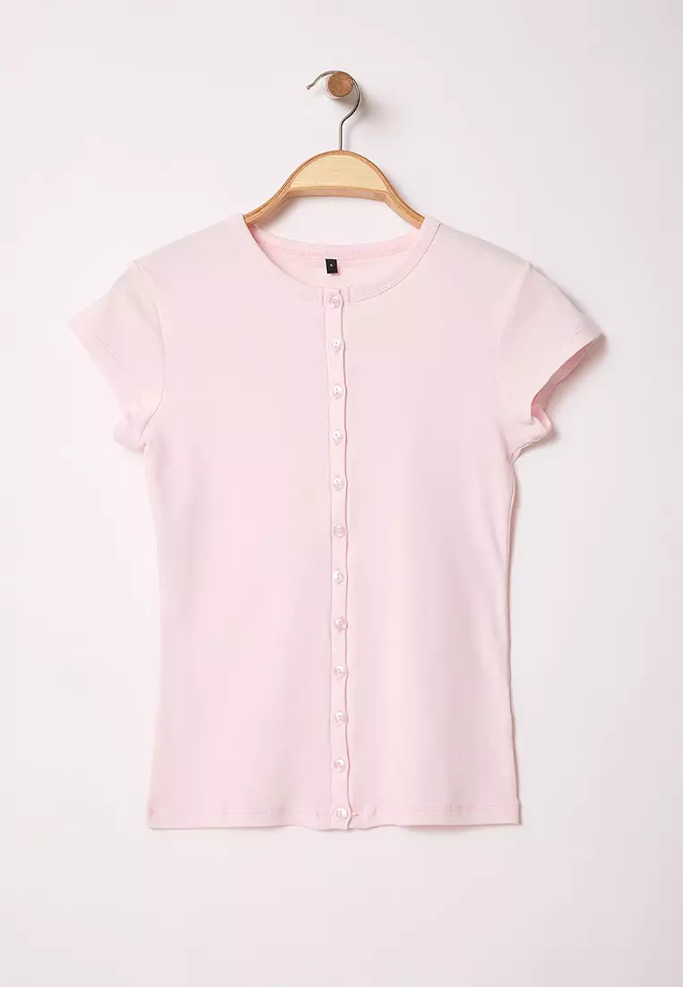 Pink Button Fitted/Body Fitted Knitted Blouse Twoss25Bz00281