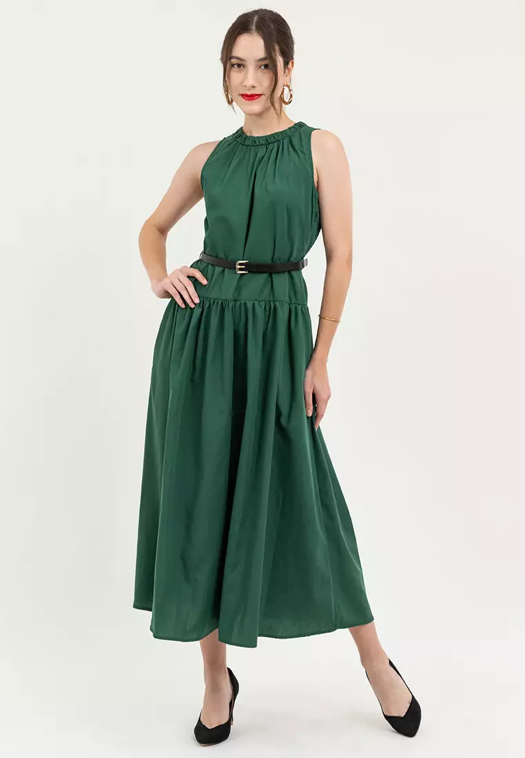 Cherino Shirred Neckline Belted Dress