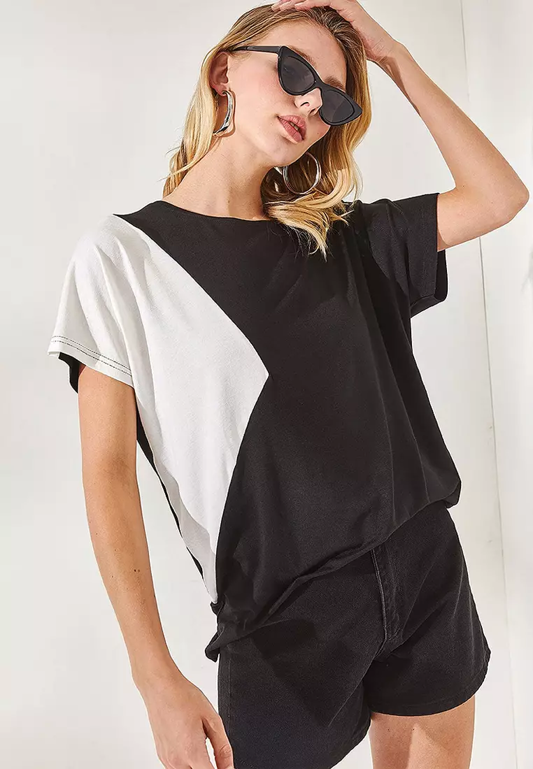 Women's Black Color Block Bat Knitted Viscose Blouse BLZ-19002283