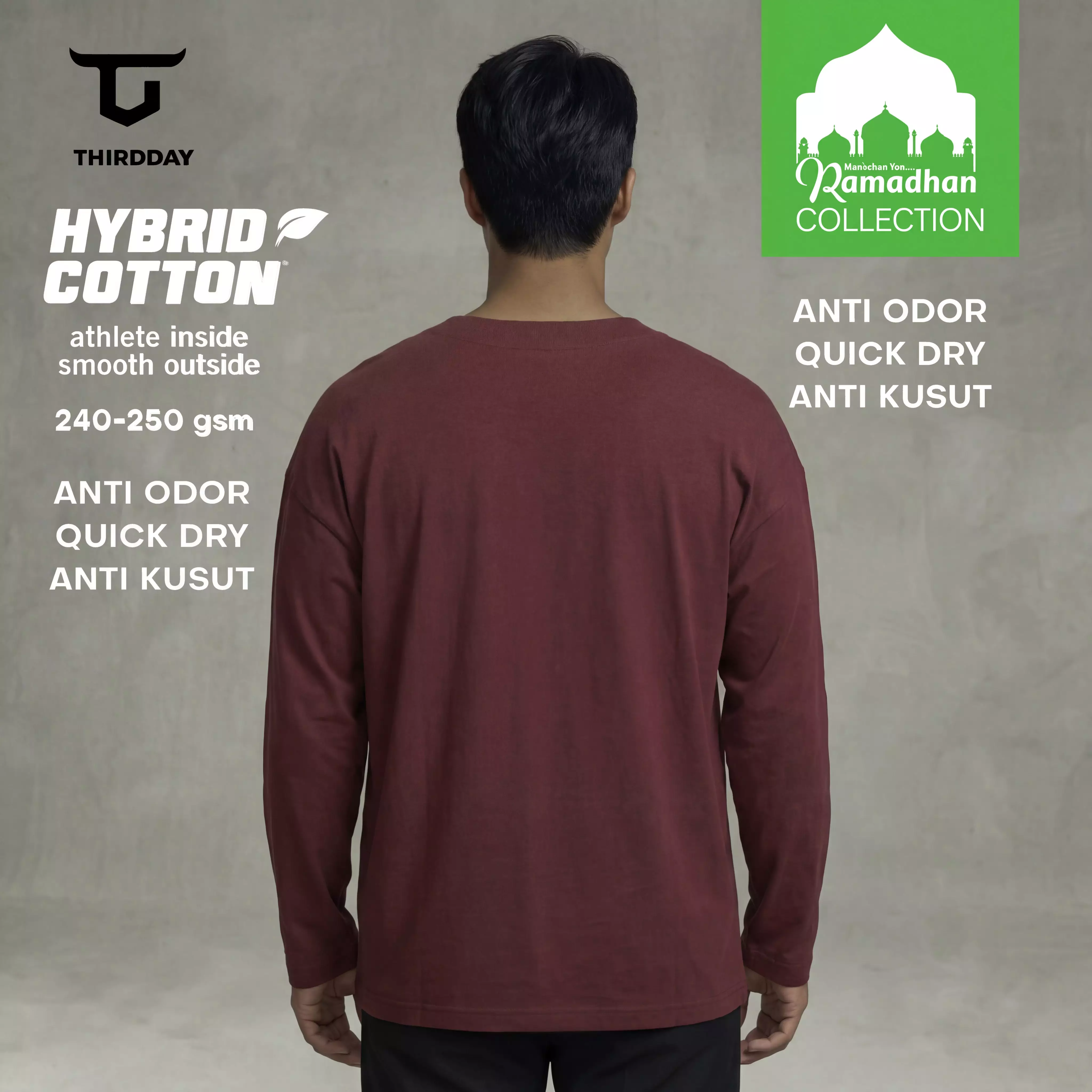 THIRDDAY Kaos Koko Tangan Panjang Piped Lis 240gsm Cotton Hybrid Merah Maroon MTZ11