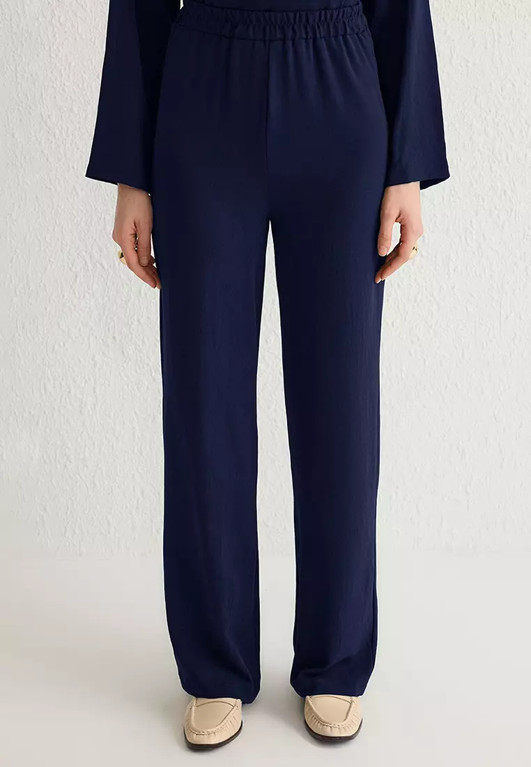 Navy Blue Belted Double Breasted Shirt-Pants Woven Bottom-Top Set TCTSS25US00001