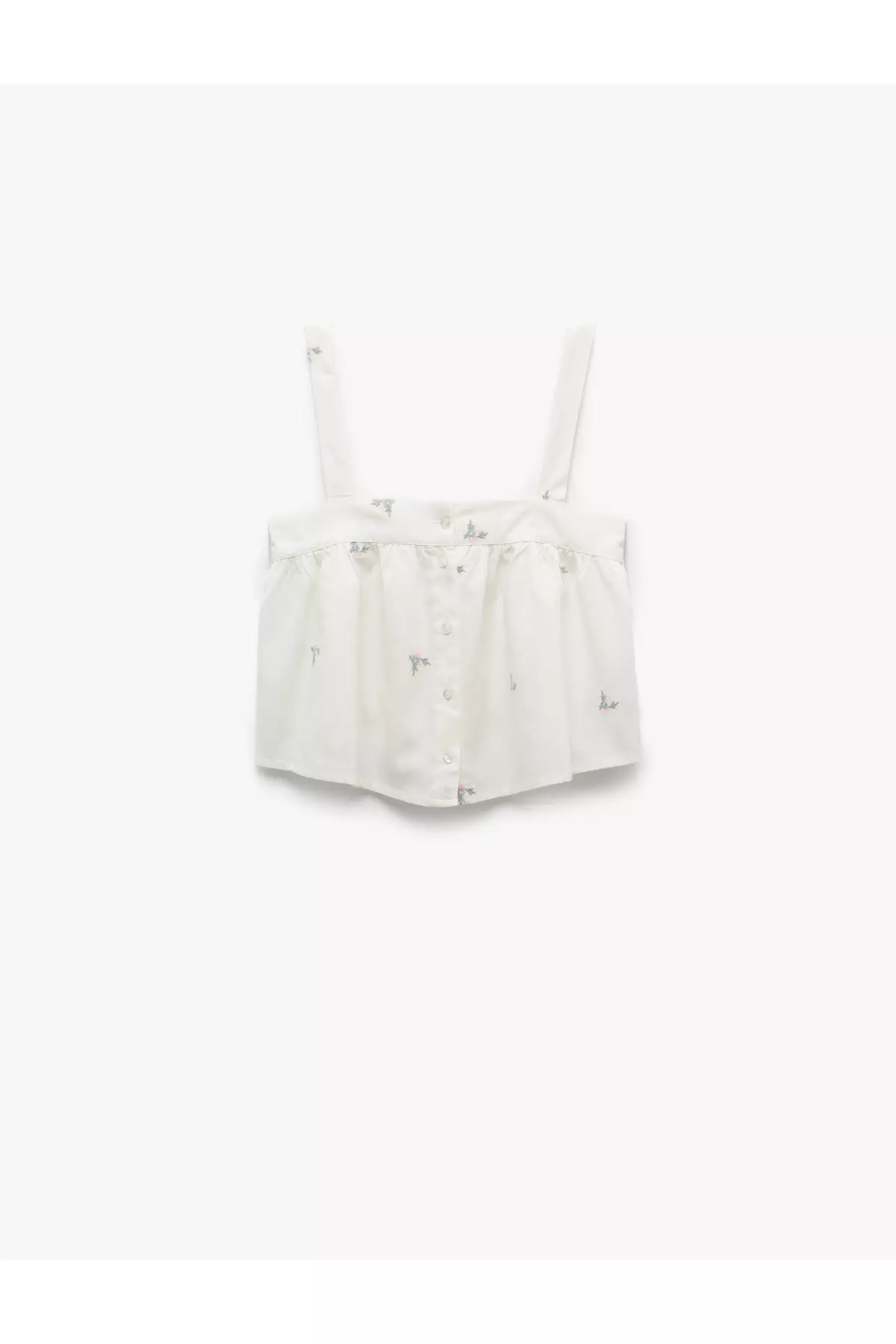 Cotton-Linen Blend Strappy Floral Embroidered Crop Pajama Top