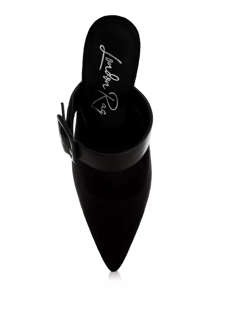 Microfiber Pointy Slip-On Mules in Black