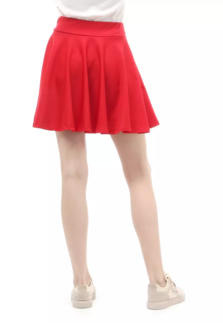 Rok Midi Bawahan Wanita Motif Solid Casual Relaxed Fit - Red