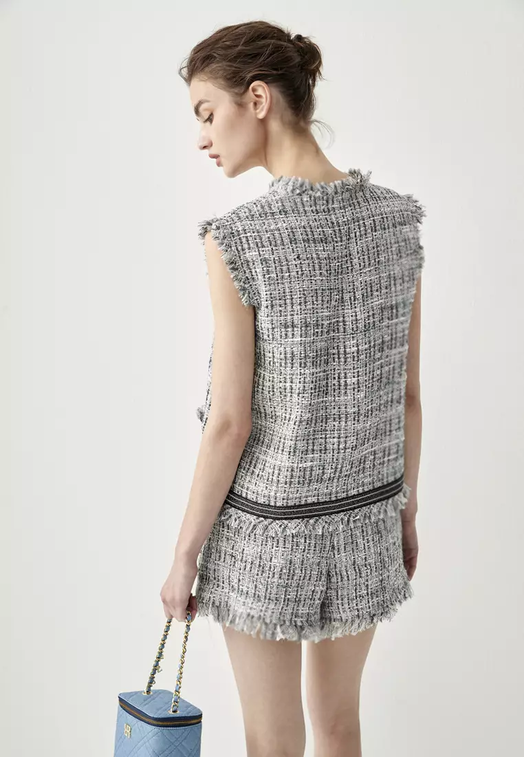 V-Neck Tweed Grey Vest With Contrast Trim Detail