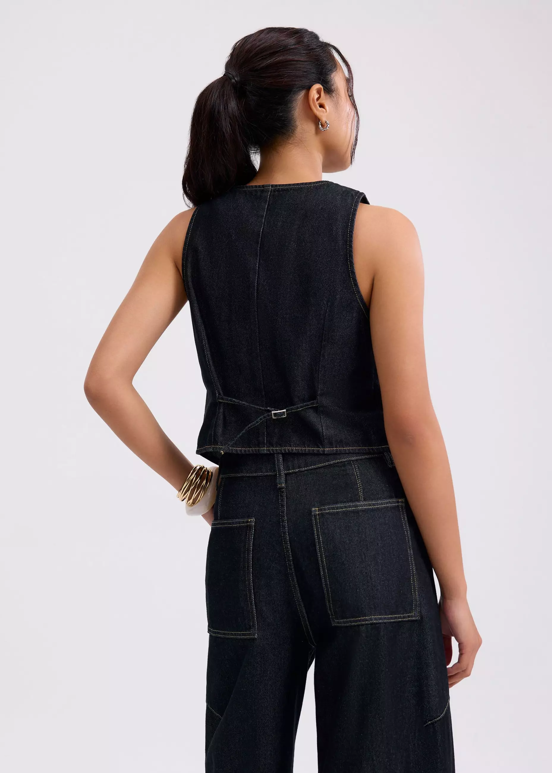 Vest Wanita - Relaxed Denim Scoop Neck Tailored Vest