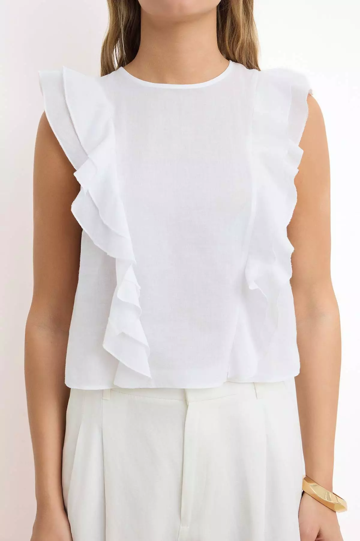 White Ruffle Detailed Crop Length Semi-Transparent Woven Blouse Twoss26Bz43