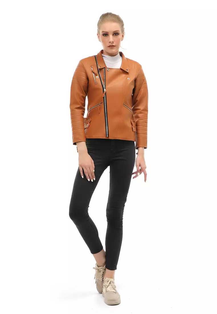 Glenice Jacket Outer Wanita Lengan Panjang Windproof Zipper Pocket Material Leather ORIGINAL - Tan