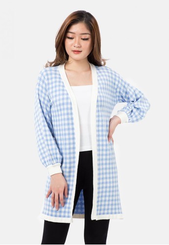 MKY CLOTHING blue Checker Puff Sleeve Knit Cardigan in Blue 89397AAA009ACDGS_1