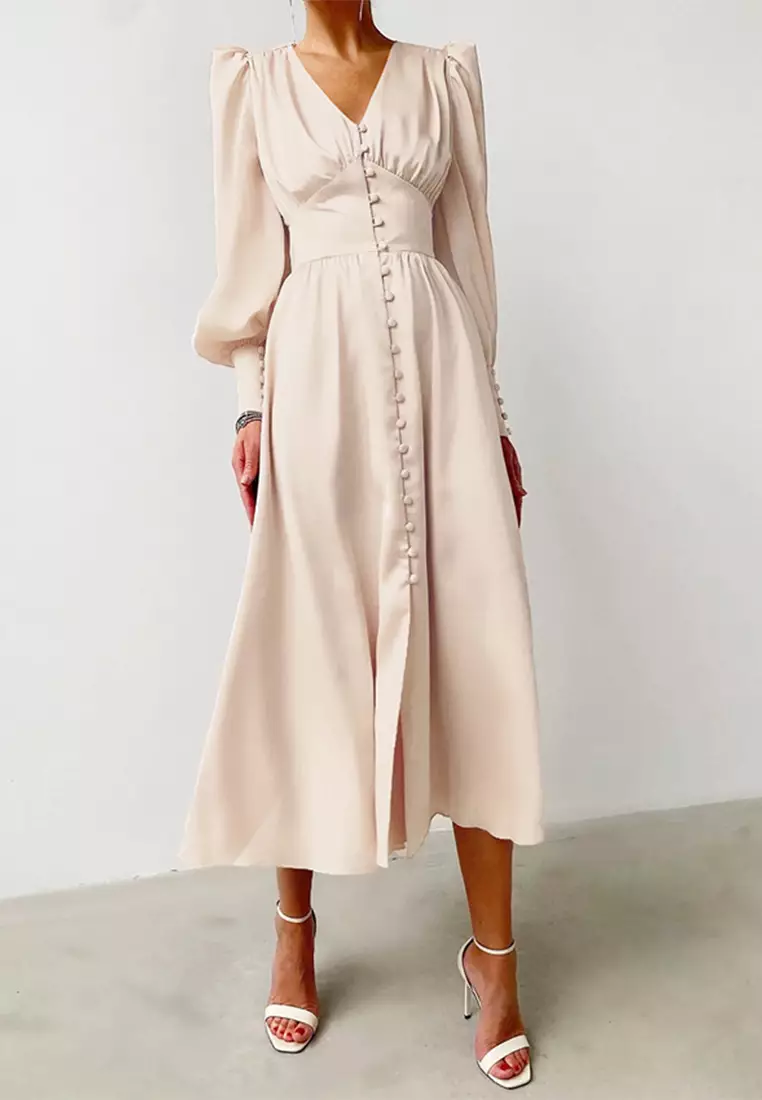 气质缎面灯笼袖收腰设计感连衣裙A121822BE