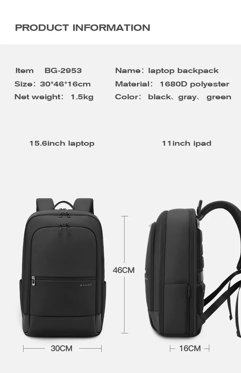 Bange BG2953 Tas Ransel Backpack laptop Kerja Pria 15.6 Inch - Black