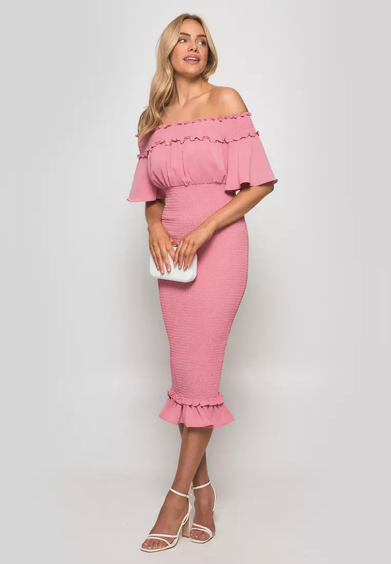 Off The Shoulder Shirred Midi Dress