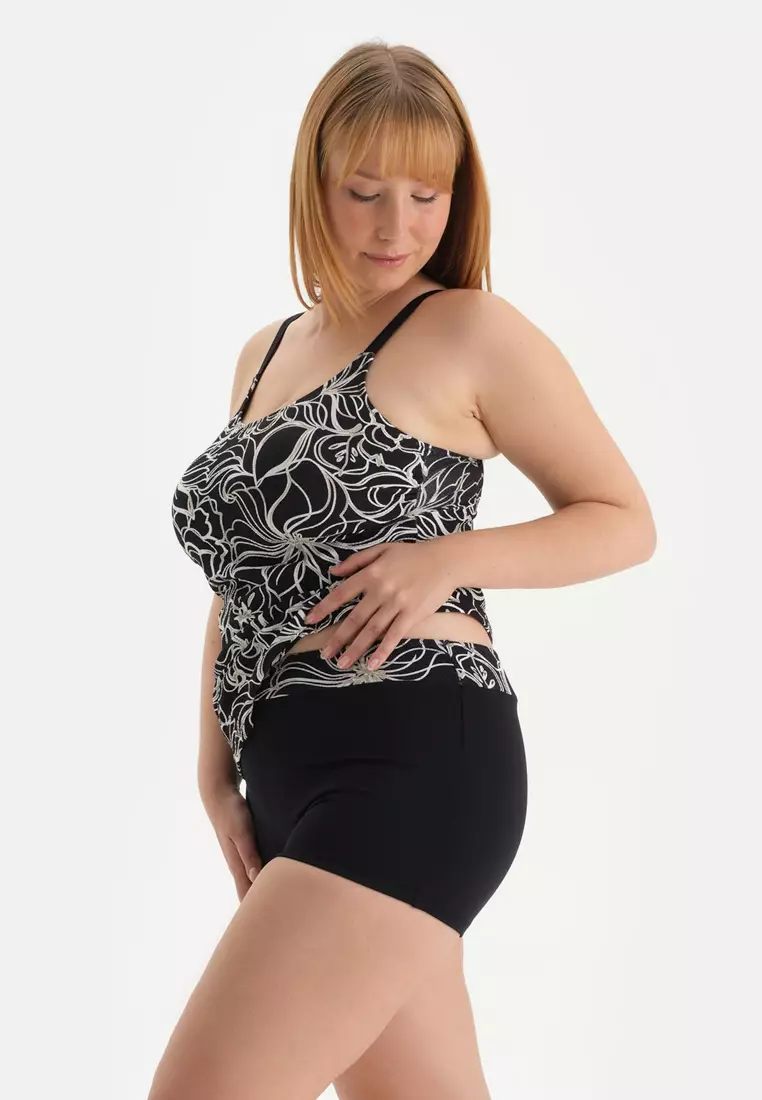 White-Black Minimizer Tankini, Flower Printed, Minimizer, Full-Cup, Non-wired, Swimwear for Women