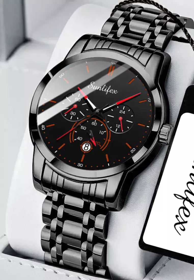 Jam Tangan Pria Original Bisnis Anti Air Kuarsa Jam Pria Calendar Tali Stainless Steel Jam Tangan Cowok 9007 black red