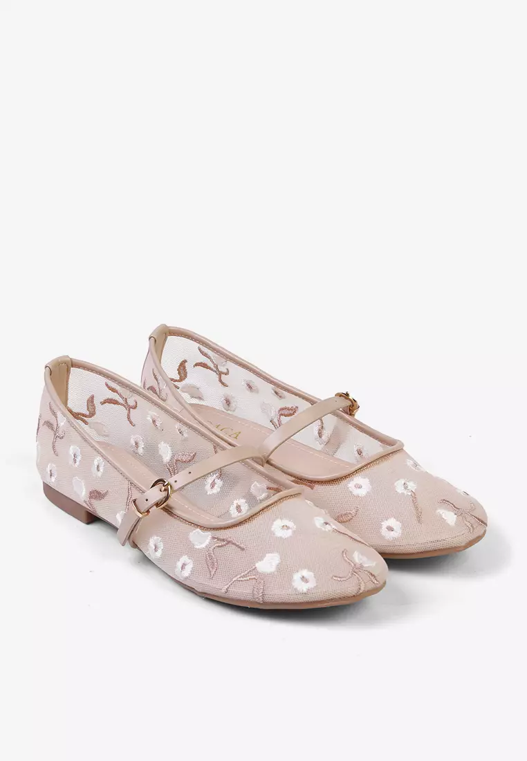 Eloise Mary Jane Mesh Flat Shoes Embroidery Flower Ballerina Ivory
