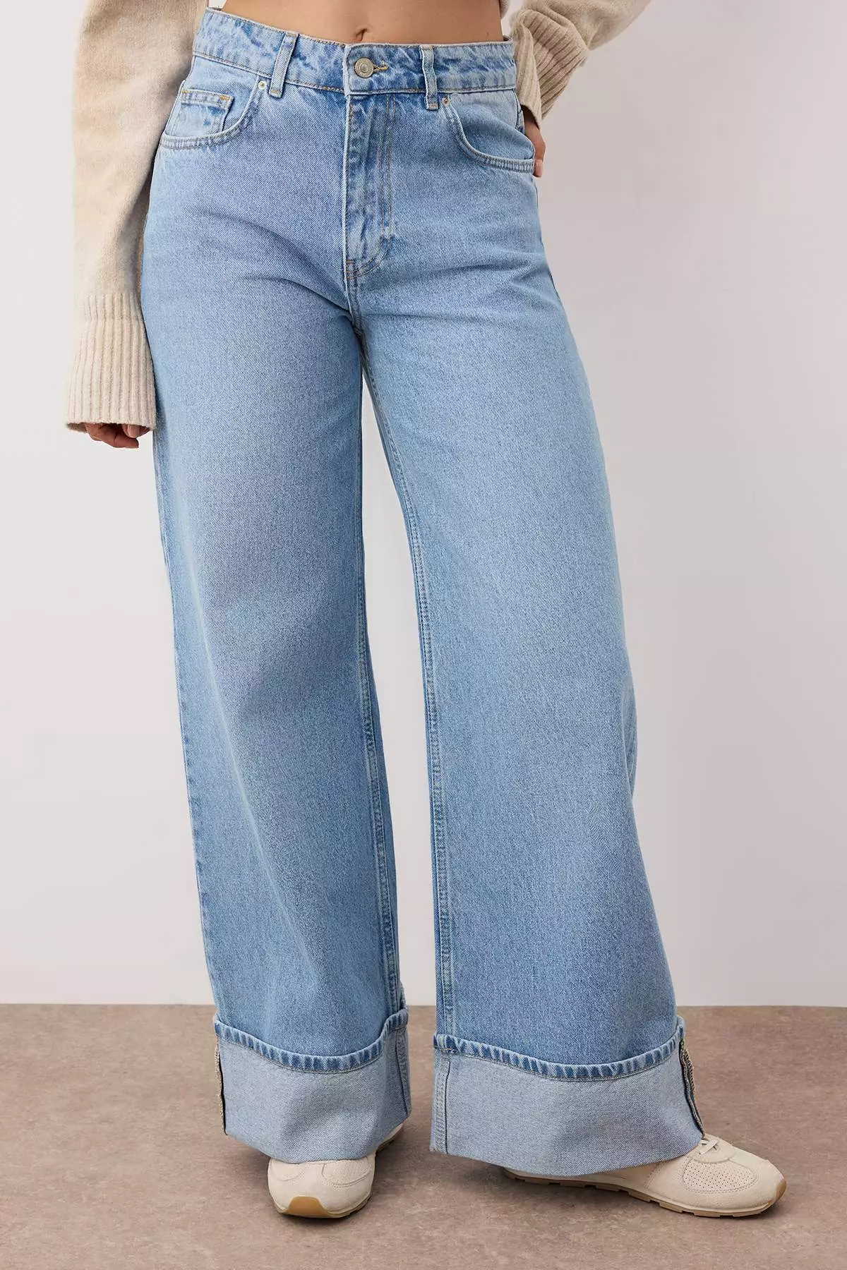 Blue Folded Leg Regular Waist Wide Leg Jeans