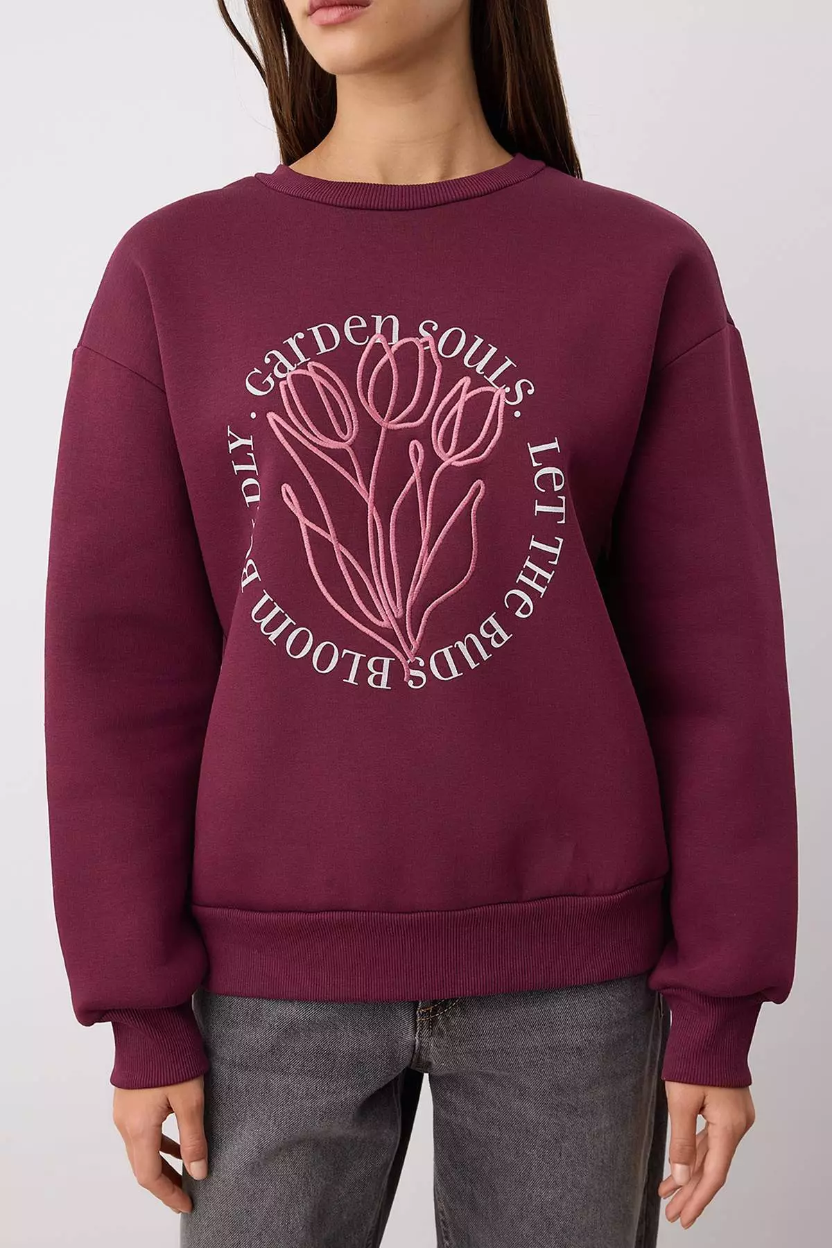 Plum Oversize/Wide Pattern Embroidery Detailed Thick Inside Polar Fleece Knitted Sweatshirt