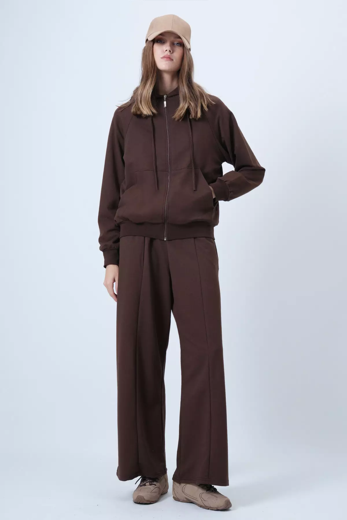 Brown Hooded Zippered Jacket And High-Waisted Wide-Leg Pants Set Alc-X14606