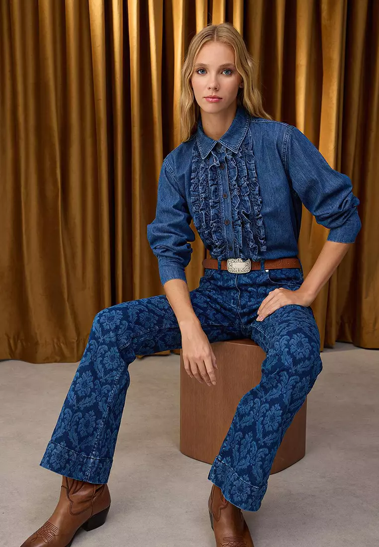 Dark Blue Laser Printed High Waist Flared Jeans Twoaw26Je00033