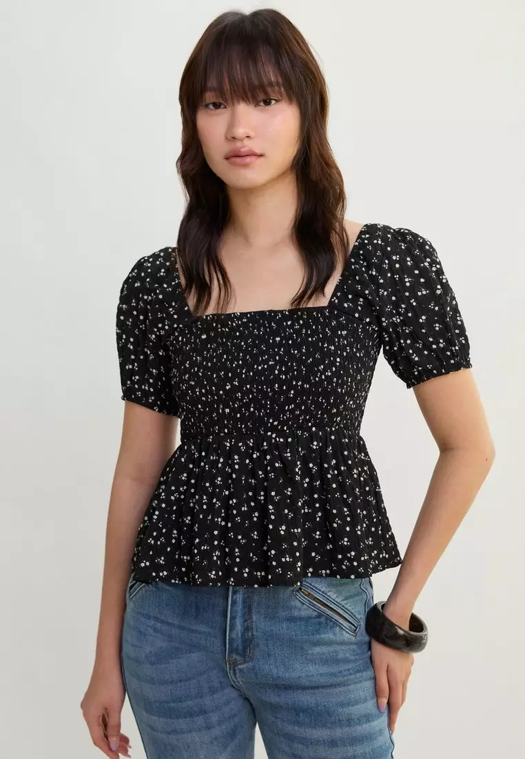 Floral Smocked Peplum Blouse - Black