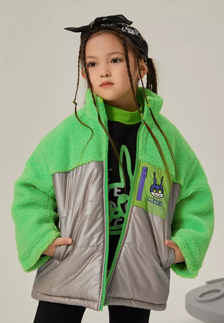 儿童加绒棉服立领羊羔毛拼接亮面棉袄