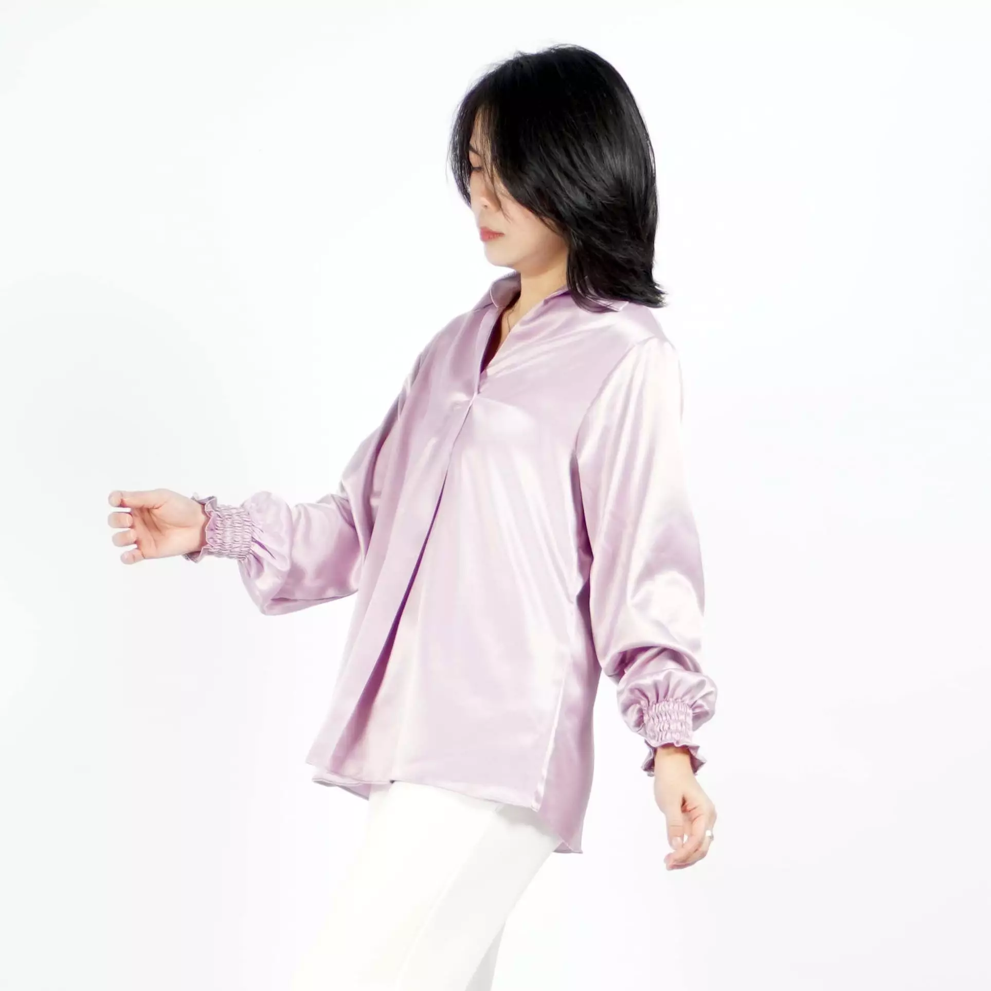  SAFIRE Top Satin Blouse Satin Gaya Korea Blus Elegan Krah V - Dusty Purple