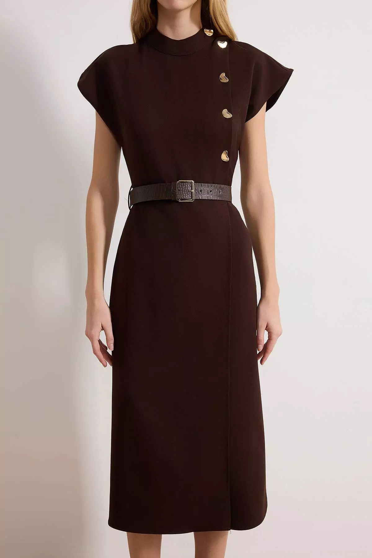 Brown Belted Button Detailed Midi Woven Dress Twoss26El121