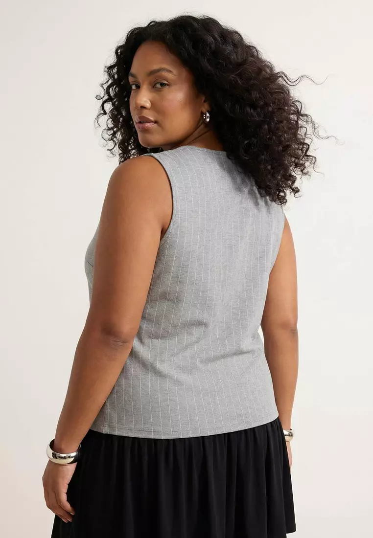 Gray Striped Interlock Bow Detailed Knitted Plus Size Blouse Tbbss26Af00098