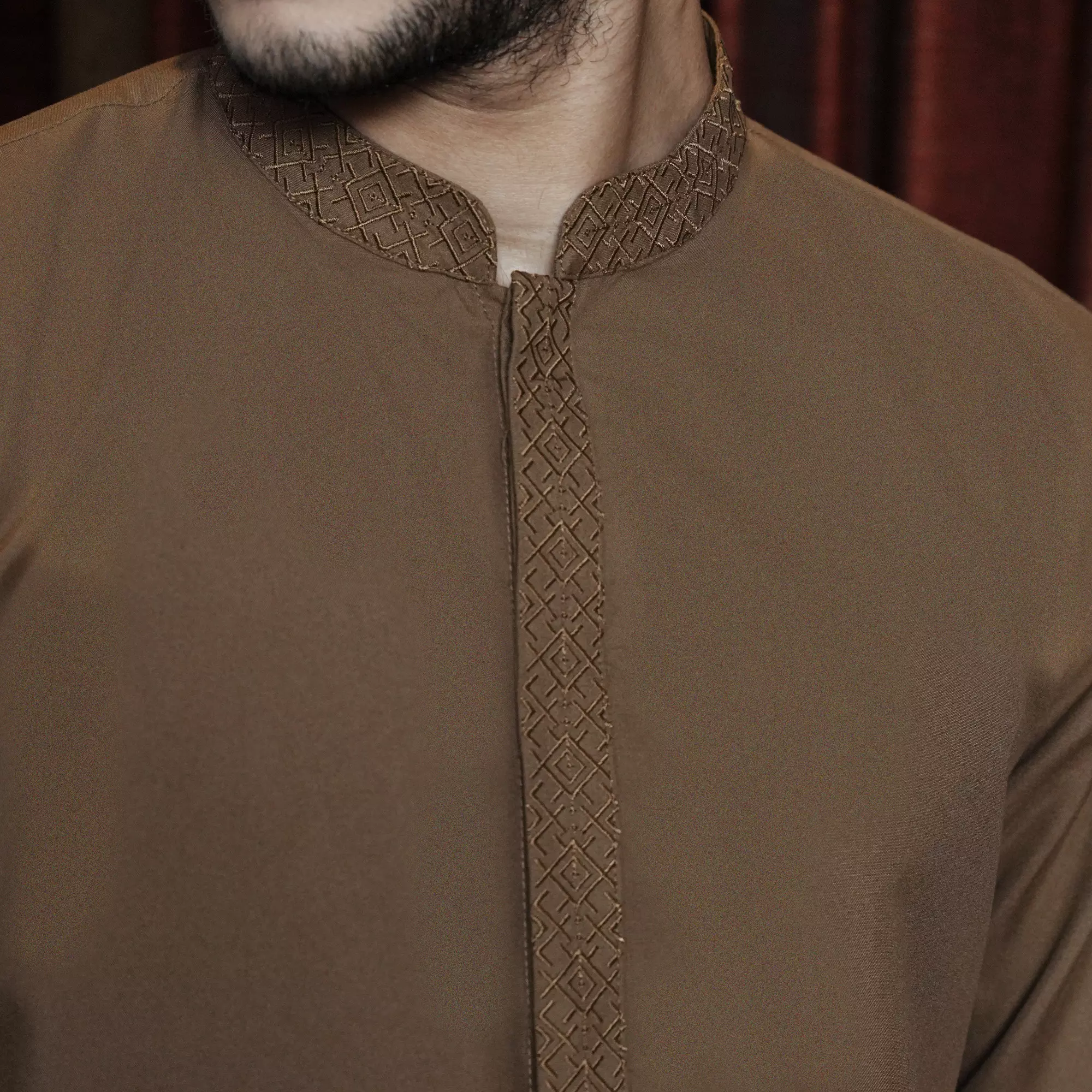 Kemeja Koko Bordir Azril Tangan Panjang Pria Muslim Lebaran Dark Caramel