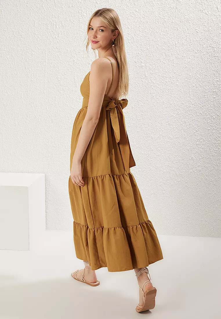 Fat Green Skirt With Flounce Back Tie Detail Strappy Maxi Woven Dress