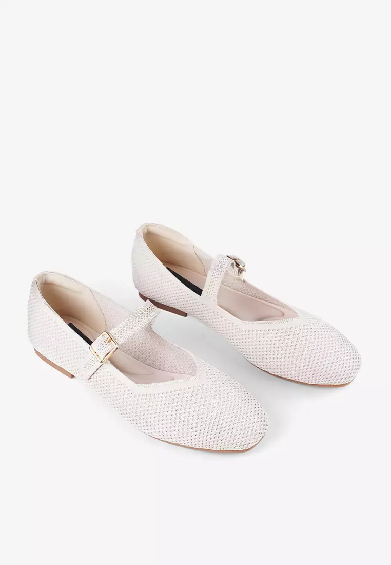 Maia Ballerina Knit Flatshoes Square Toe Mary Jane in Cream