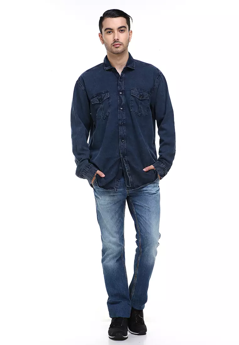 Dwan Casual Shirt Baju Kemeja Over Size Pria Lengan Panjang Two Pockets Material Jeans ORIGINAL - Blue