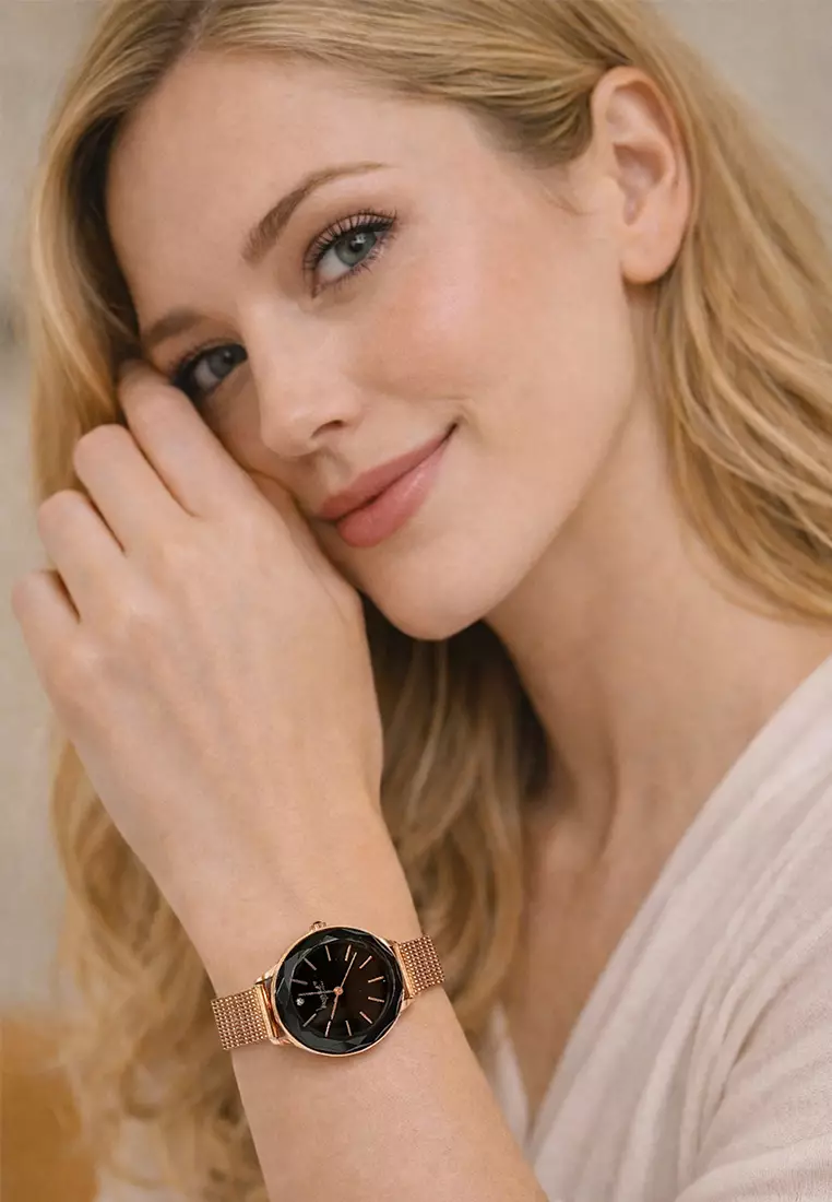 Geometric Mineral Glass Feat SWAROVSKI®Crystal Watch Rose Gold Black