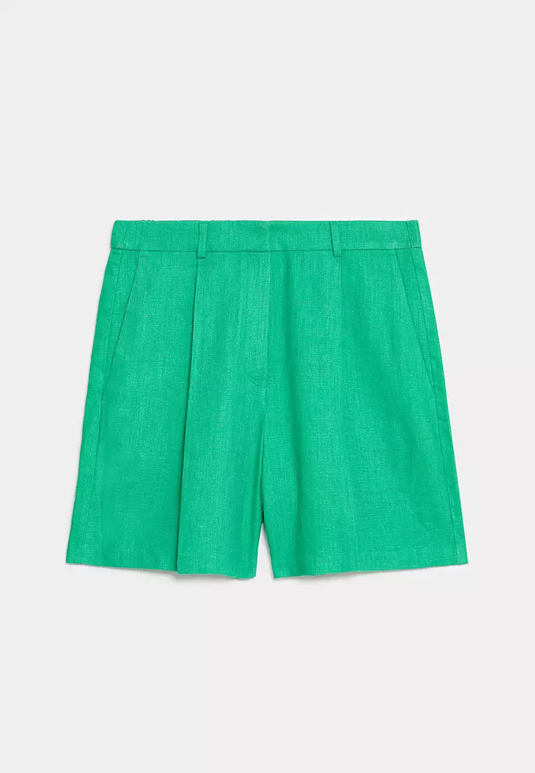 Linen Rich High Waisted Pleat Front Shorts