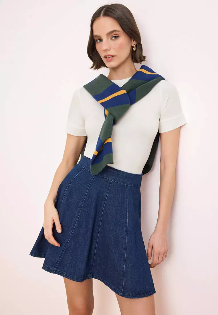 Dark Blue Flounced 1% Cotton Mini Denim Skirt Twoss26Et68