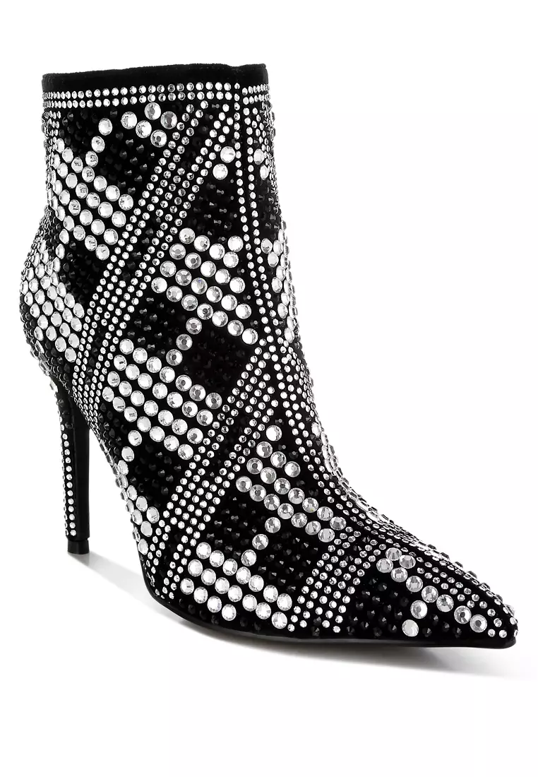 Rhinestones Studded Stiletto Heel Boots in Black
