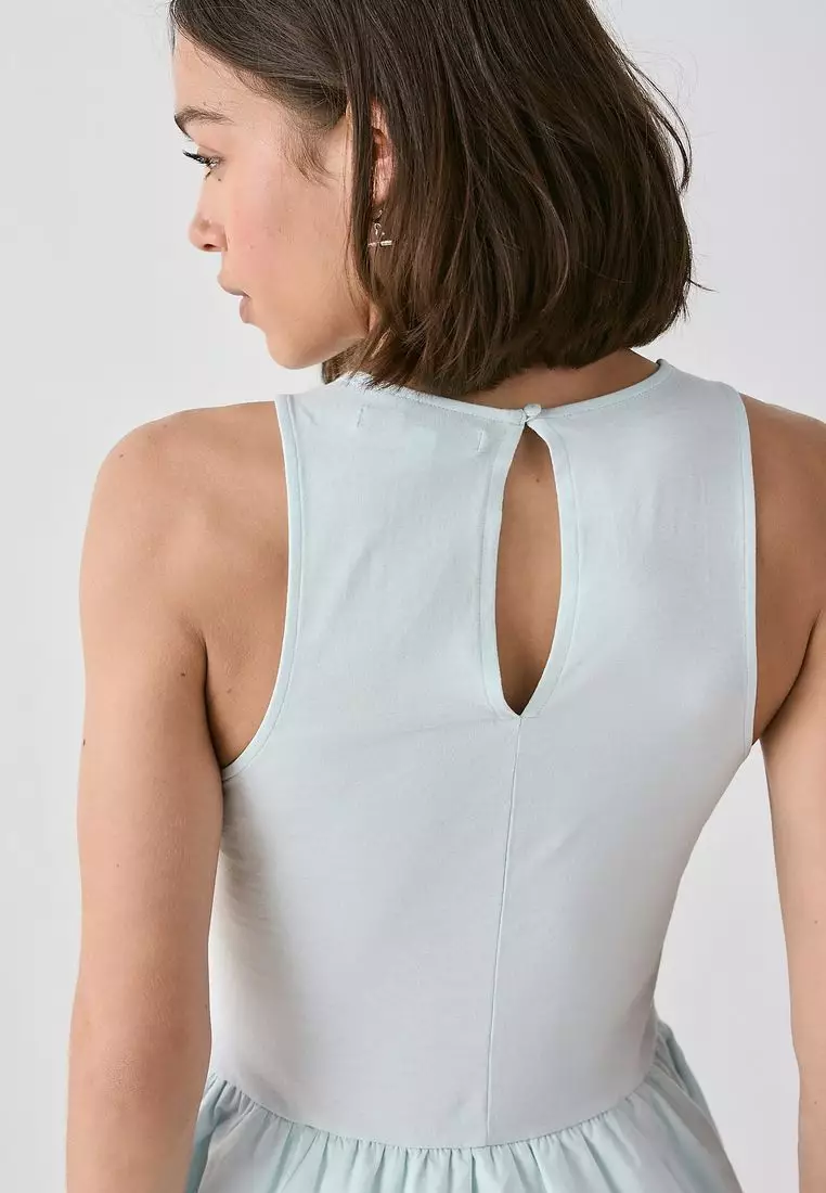 Puffball Hem Woven Jersey Mix 100% Cotton Mini Dress