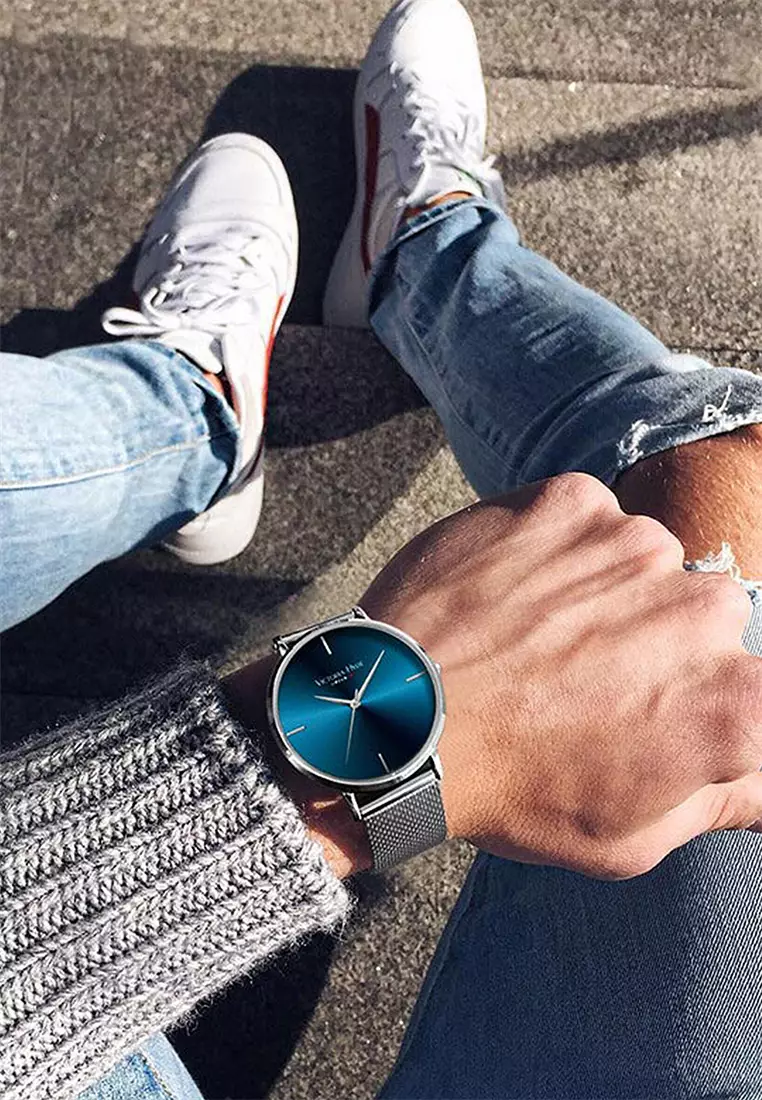 Men Watch 38.2mm Simple Business Silver Stainless Steel Mesh Strap And Case Blue Dia-Silver