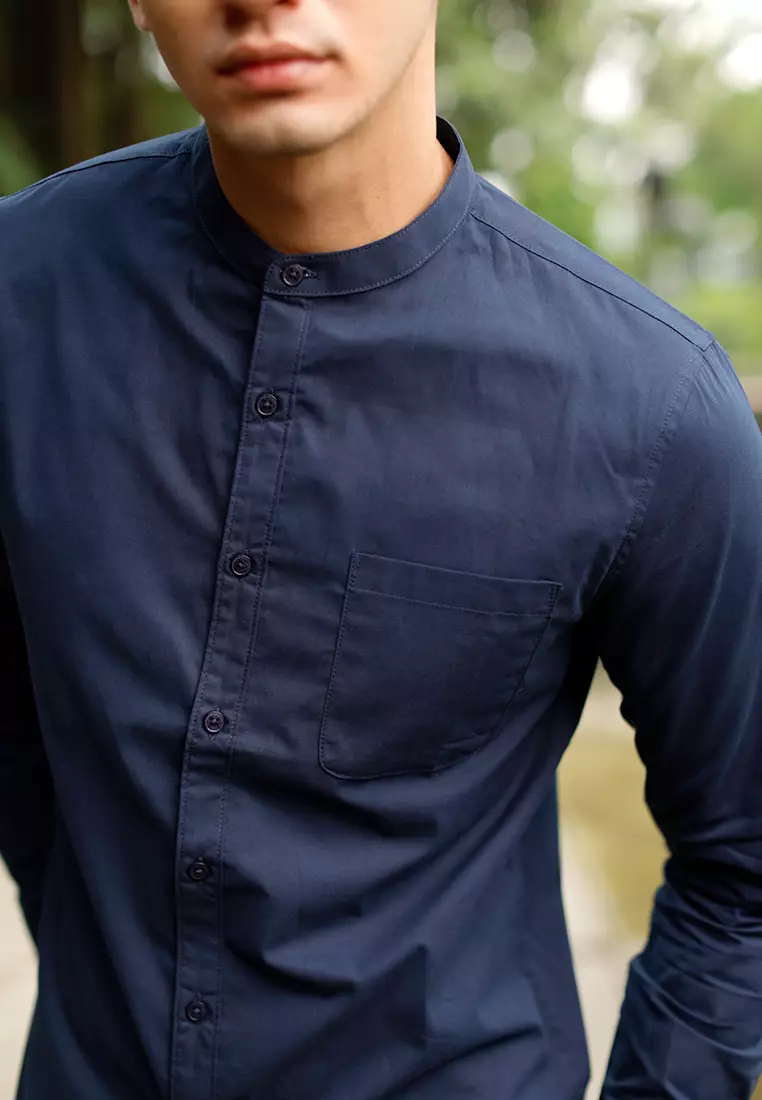 Oxcon Collarless Long Sleeve Business Shirt soft cotton Navy