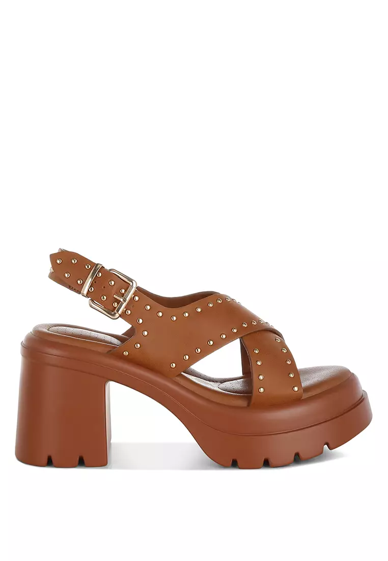 Discount on London Rag  shoes - SKU: Stud Embellished Block Heel Sandals in Tan